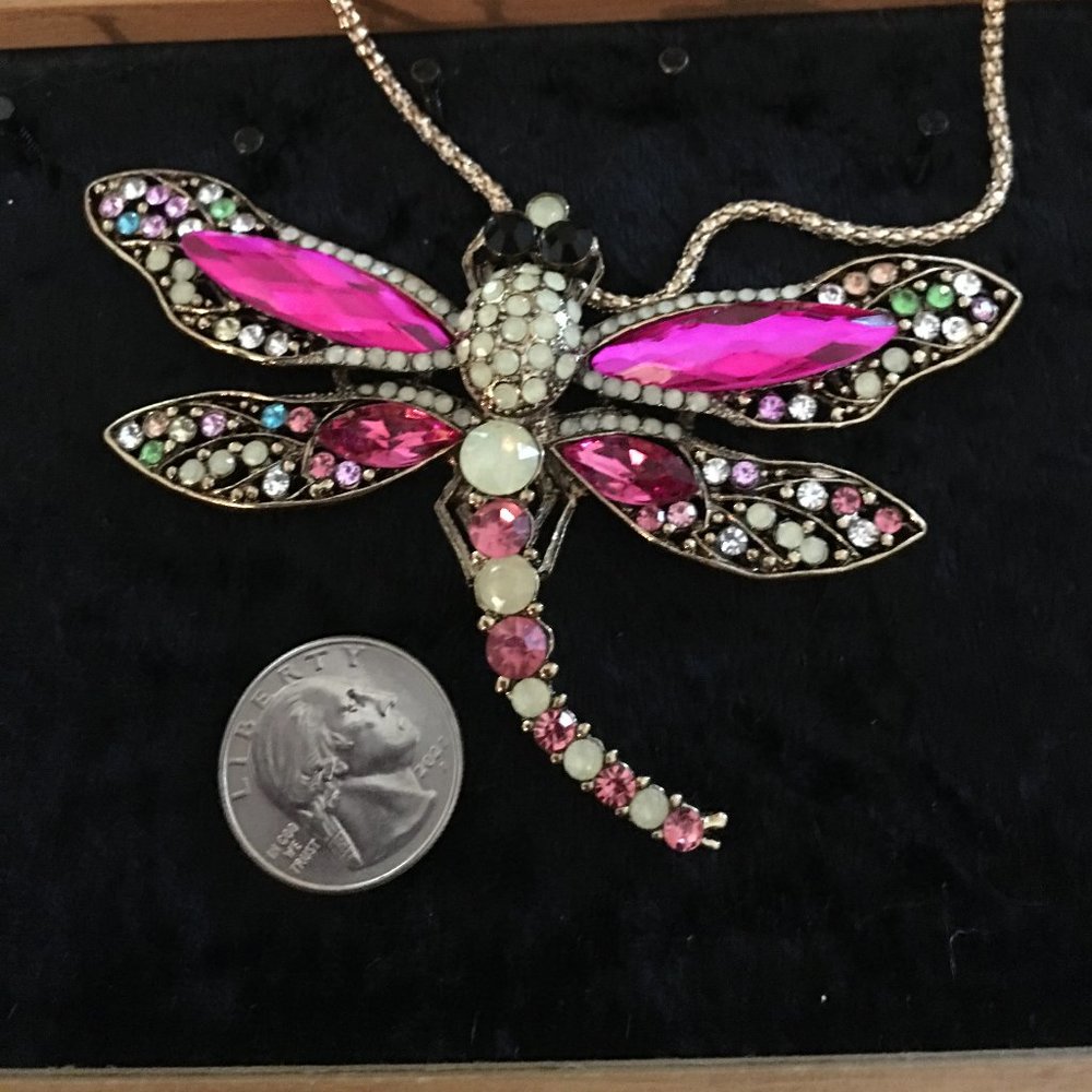 Dragonfly Pink Rhinestone Statement Pendant Necklace - Large New Drawer 6
